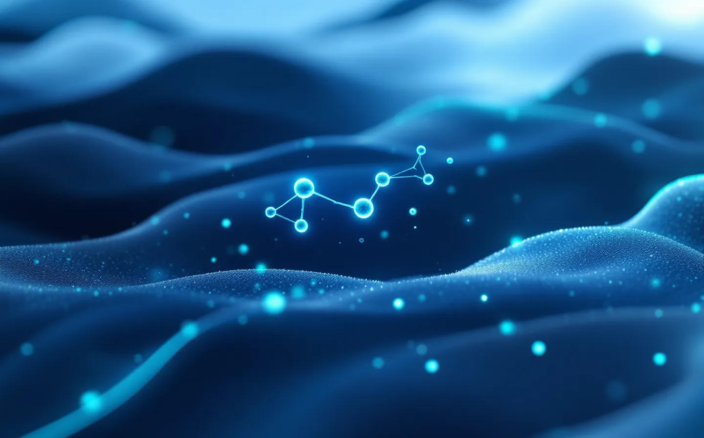 Abstract teal-and-cobalt illustration of a five-residue peptide chain floating over frosted glass planes